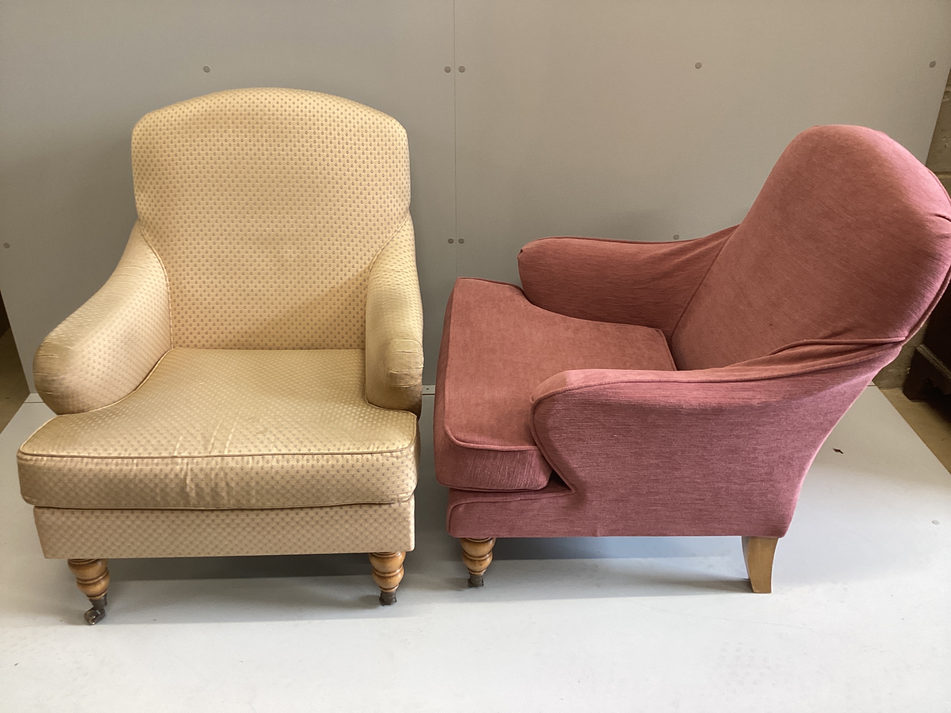 A pair modern French yellow silk covered armchairs with additional bespoke loose covers, width 70cm, depth 80cm, height 84cm
